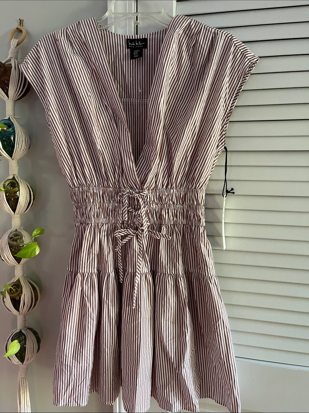 Nicole Miller Brown and White Striped V-Neck Midi Dress